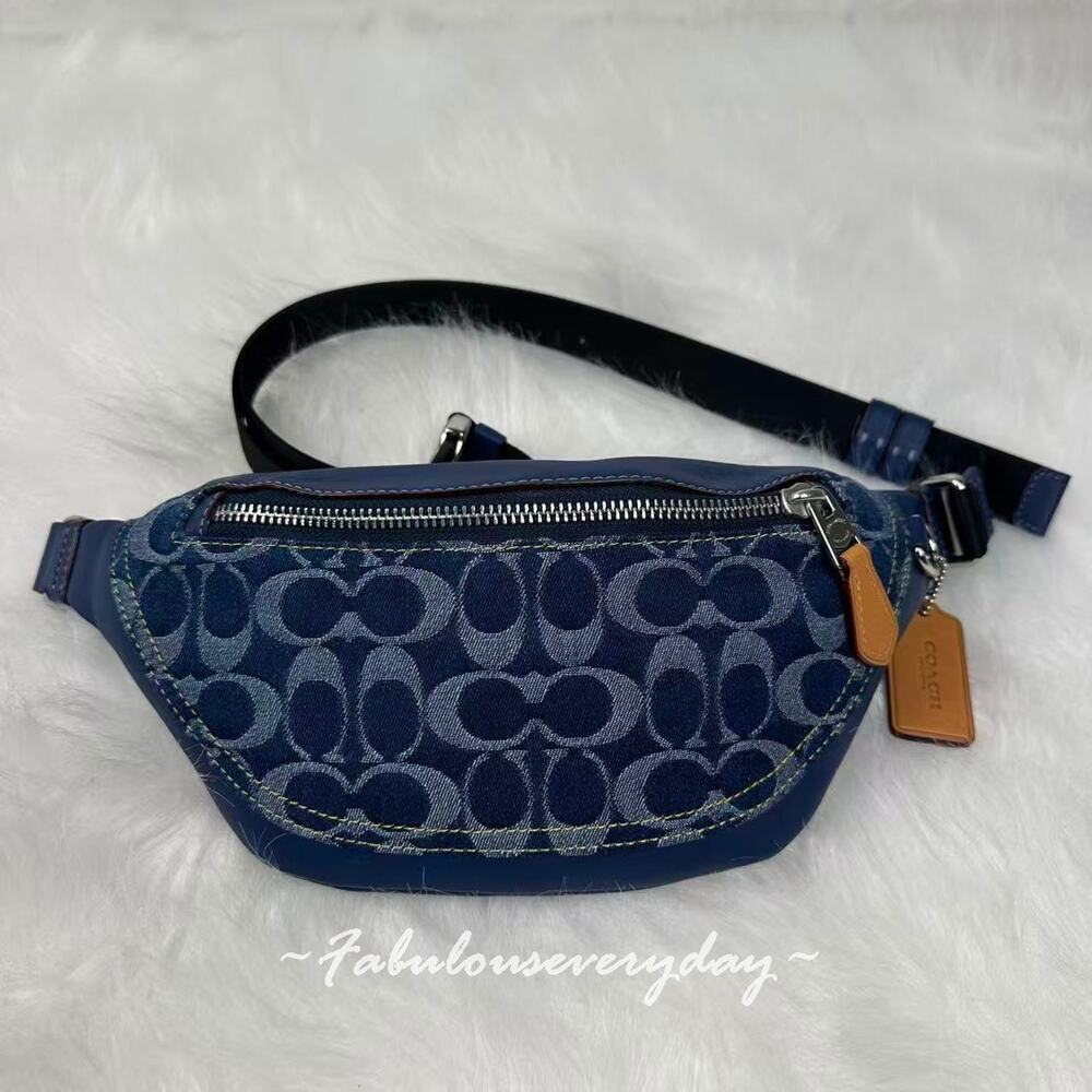 Coach Men's Warren Mini Belt Bag In Signature Denim Silver/Deep Blue CY886